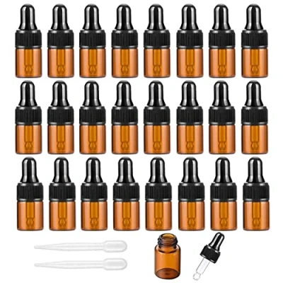 Image of Alledomain 24Pcs, 2Ml Amber Glass Sample Dropper Bottles, Empty Mini Bottles with Pipettes Black Cap Refillable Small Vials Container for Essential Oil Perfume Cosmetic Liquid