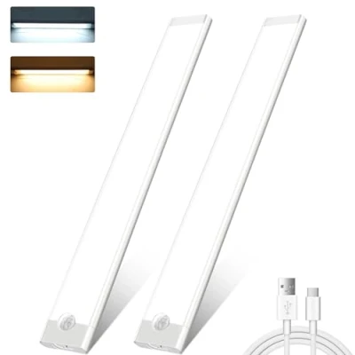 Image of under Cabinet Kitchen Lights,2 Pack 72 LEDs 3 Modes Motion Sensor Cupboard lights,2000mAh USB Rechargeable Stepless Dimming Wardrobe Light,2 Color Temps Closet Light for Stairs