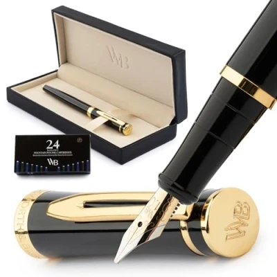 Image of Wordsworth &amp; Black Fountain Pen Set, 18K Gilded Broad Nib, Includes 24 Pack Ink Cartridges, Refill Converter Gift Box, Gold Finish, Calligraphy, [Black Gold], Perfect for Men Women