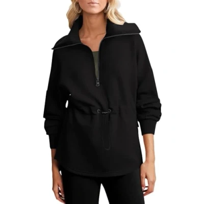 Image of BTFONIA Womens Oversized Sweatshirts Half Zip Drawstring Waist Long Sleeve Side Slits Casual Pullover Sweatshirt Tops(Black,XL)