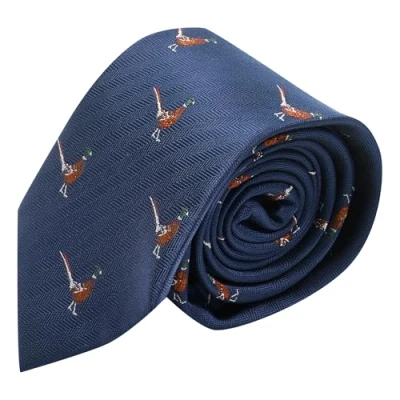 Image of King &amp; Priory Navy Blue Herringbone Embroidered Pheasant Tie