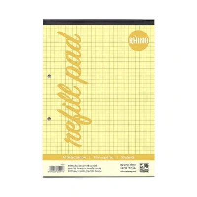Image of RHINO Yellow Paper A4 Refill Pad 7mm Squared 50 Leaf/100 Page / 6 Pack Ideal Maths Notepaper for Dyslexia &amp; Other SEN