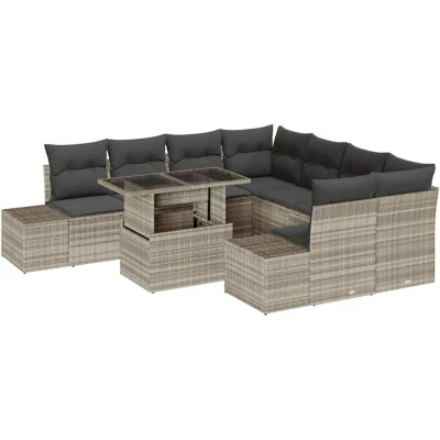Image of vidaXL 9 Piece Garden Sofa Set with Cushions Light Grey Poly Rattan