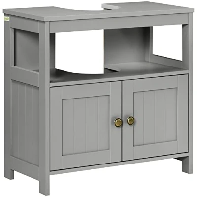 Image of kleankin Pedestal Under Sink Cabinet with Double Doors, Modern Bathroom Vanity Storage Unit Shelves, Light Grey