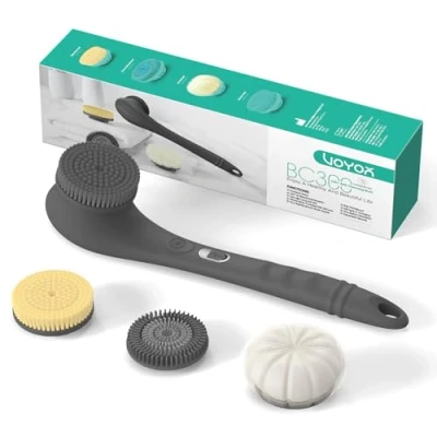 Image of VOYOR Electric Body Brush Back Scrubber Two Way Rotating Head 4 Accessories for Whole Body, Rechargeable Cordless IPX6 Waterproof Exfoliating Brush, Long Handle Bath BC300 (Grey)