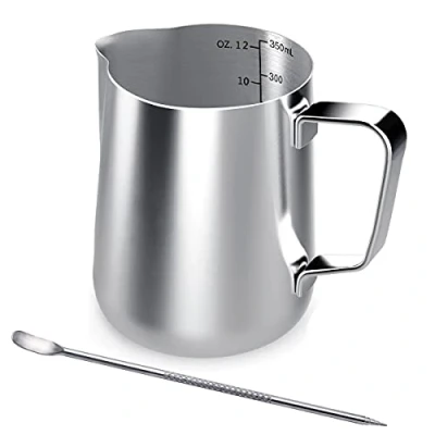 Image of Stainless Steel Milk Jug, 350ML Handheld Coffee Creamer Frothing Pitcher Jug Cup with Measurement Mark and Latte Art Pen, Jugs Perfect for Barista Cappuccino Espresso Making