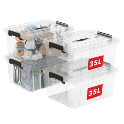 Image of Cetomo 35L*4 Storage Boxes, Carry Plastic Box with Lids, Organizing Container Handle and Secure Latching Buckles, Stackable, Nestable, Tote Bin for Home Office Clothes, 35L 4Pack, Clear