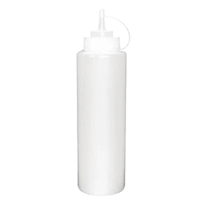 Image of Vogue Squeeze Sauce Bottle with Nozzle Cap 227 ml/8 oz, Clear Polyethylene, Wide Neck Refillable Bottle, Precise Narrow Dispenser Tip, Screw Top Design, Commercial or Home Use, K062