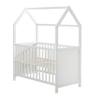 Image of roba Wooden House Bed 60x120 cm Certfied Baby and Room Height Adjustable with Removable Rungs (White)