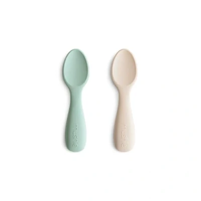 Image of Mushie Baby Starter Spoons BPA Free Silicone Learning 2 Pack Dishwasher Safe Durable Toddler Utensils Cambridge Blue/Shifting Sand