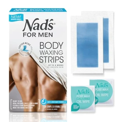 Image of Nad&#039;s For Men Ready to Use Body Wax Strips, Strips Men, Mens Hair Removal, Includes 20 Waxing &amp; 2 Post Calming Oil Wipes, Count (Pack of 1)