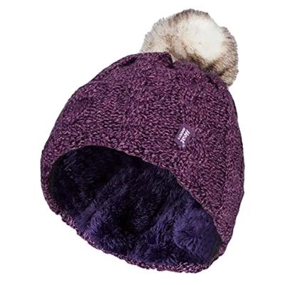 Image of HEAT HOLDERS Ladies Warm Knit Fleece Lined Cuffed Thermal Winter Bobble Hat with Pom (One Size, Purple)