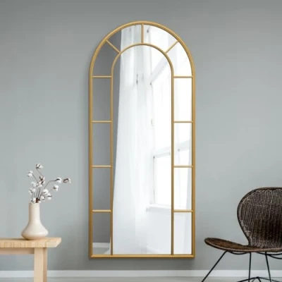 Image of MirrorOutlet The Arcus Gold Framed Modern Full Length Arched Leaner/Wall Mirror 75&quot; X 33&quot; (190CM 85CM) Silver Glass with Black All weather Backing.