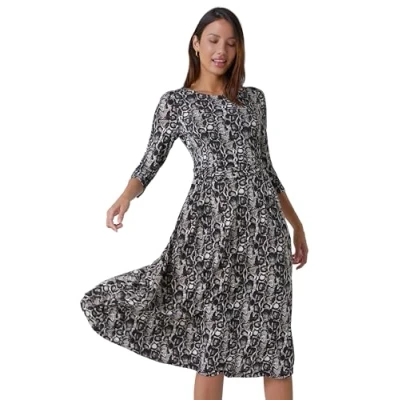 Image of Roman Originals Midi Gathered Dress with Pockets for Women UK Ladies Stretchy Jersey Maxi Round Neck Elasticated High Waisted Boho Flattering Skater Swing Fit Flare Coffee Size 20