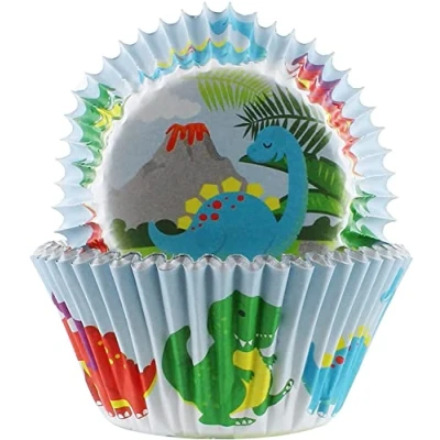 Image of Baked with Love Dinosaur Baking Cases, 50mm Foil Lined Cups, Greaseproof Cupcake Cases for Birthday, Celebration, Party, Pack of 25, Blue, 0686972