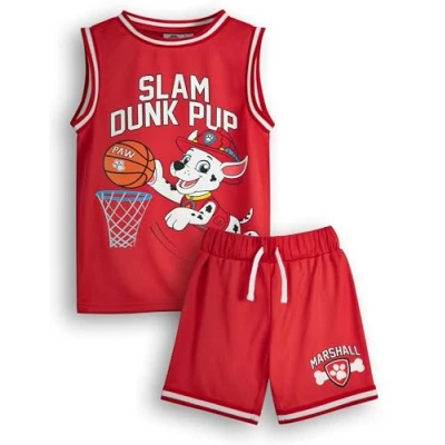 Image of Paw Patrol Boys Marshall Basketball Jersey and Shorts Set Kids Slam Dunk Pup Complete Two Piece Sports Outfit in Red Childrens Athletic Wear Matching Bundle Cartoon Merchandise Apparel Gift