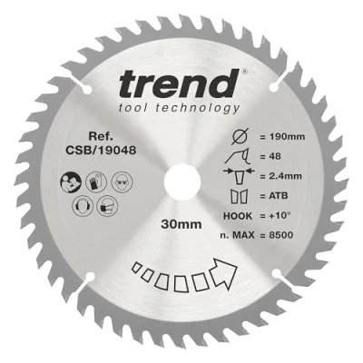 Image of Trend Wood Circular Saw Blade, 190mm Diameter, 30mm Bore, 48 Teeth, 2.4mm Kerf, +10 Hook, TCT, Fine Finish, CSB/19048