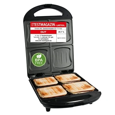 Image of Emerio XXL Sandwich Toaster Test Good for All Toast Sizes, 4 x Large Shell Shape the Whole Family, Cheese Does Not Leak From No Smudging, BPA Free, 1300 Watt Maker, Pack of