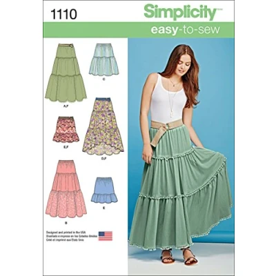Image of Simplicity Sewing Pattern 1110: Misses&#039; Tiered Skirt with Length Variations, Size: A (XXS XS S M L XL XXL), Paper, White