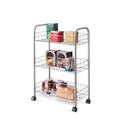 Image of Metaltex Lugano 3 Tier Trolley with Wheels Multipurpose Storage Cart for Home including Kitchen, Bathroom, Office and Garage Polytherm Metallic Silver, 41 x 23 63 Centimetres