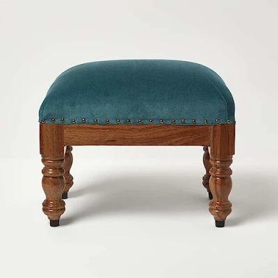 Image of HOMESCAPES Teal Green Velvet Footstool 50 x 30 cm Rectangular Pouffe on Solid Wood Legs 40 Tall Ottoman Style Upholstered Footrest