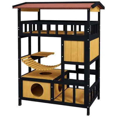 Image of PawHut Outdoor Cat House Wooden Shelter, 4 Tier with Suspension Bridge, Balcony, Escape Doors Water Resistant Roof, for 1 2 Cats