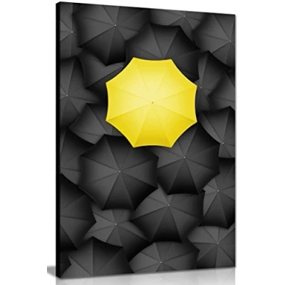 Image of Black &amp; White Yellow Umbrella Canvas Wall Art Picture Print (18x12in)