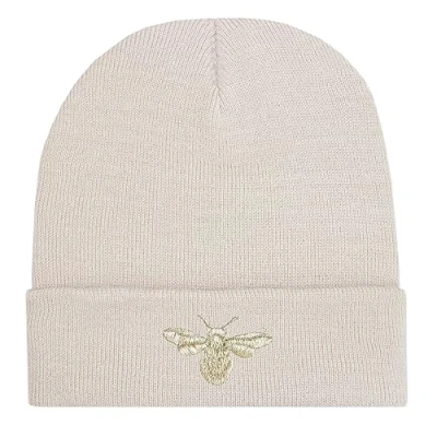 Image of TeddyT&#039;s Women&#039;s Gold Bumble Bee Embroidered Rib Beanie Hat (Light Sand)