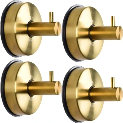 Image of JOMOLA Gold Shower Hooks Suction Cup Towel for Bathroom Stainless Steel Tea Holder Kitchen Sucker Hook Glass Wall Vacuum Hanger Brushed 4PCS