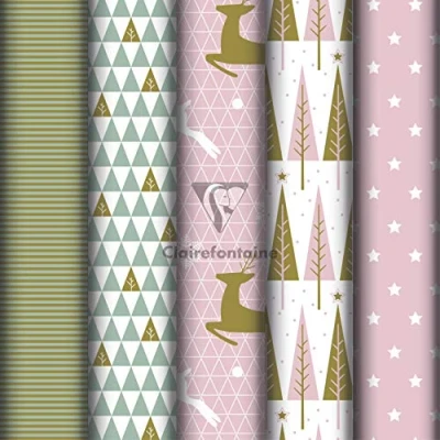 Image of Clairefontaine 201965AMZC A Box of 10 Rolls Gift Wrapping Paper Excellia 80g Dimensions: 5x0.70m Pattern: Christmas, Pink, Gold, Fir Trees, Deer, Stars Wrapped