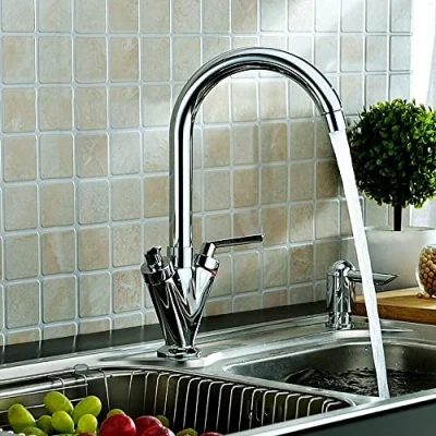 Image of Kitchen Tap Hot and Cold Basin Sink Mixer Single Lever 360 Degree Swivel Faucet Waterfall Effect Solid Brass Chrome with Hoses Fittings