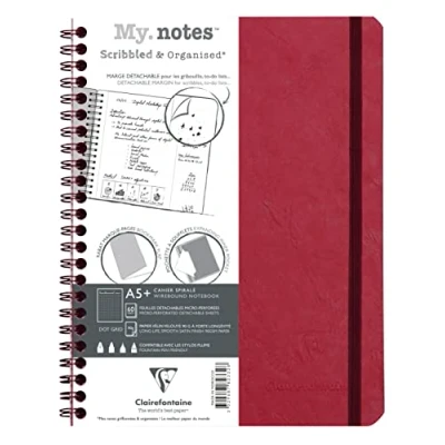 Image of Clairefontaine 782332C Age Bag Collection A Red My.Notes Tear Off Margin Spiral Notebook A5+ 16x21 cm 120 DOT Pages 90 g White Paper Leather Grain Glossy Card Cover