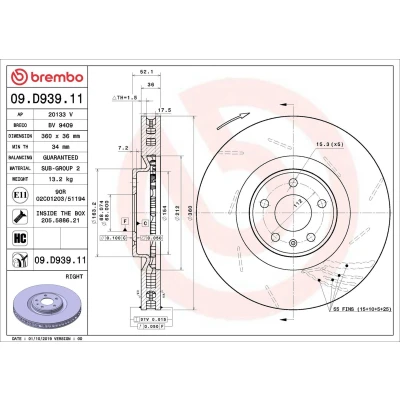 Image of 95B615302E, 95B615302G, 95B615302J Brake disc BREMBO 09.D939.11 360mm 36mm 5 internally vented, slotted Coated High carbon PORSCHE: Macan