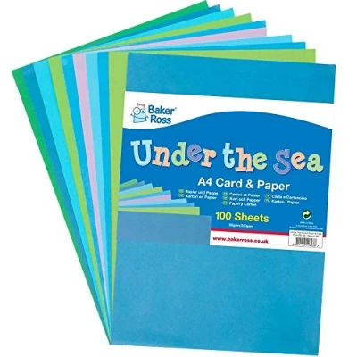 Image of Baker Ross FE178 Under the Sea A4 Paper &amp; Card Pack of 100, Coloured Art Supplies for Kids Craft Making Activities,