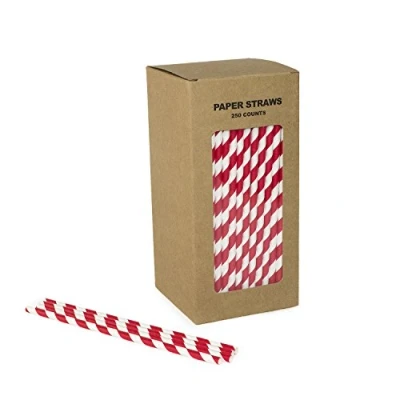 Image of Striped Paper straws Disposable And Biodegradable Red White (Dark Red, 250)