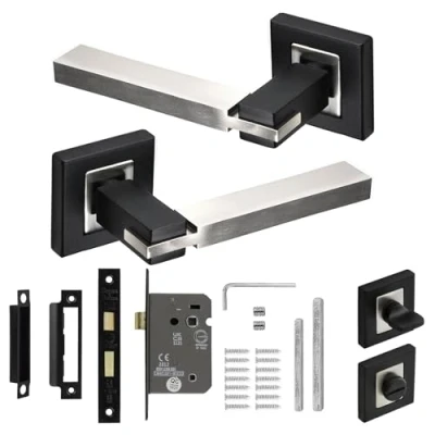 Image of Decoranddecor Duo Colour Door Handles Internal Aluminium Silver and Black Handle Sets for Interior Doors with Bathroom Lock Turn Release Nexus Range