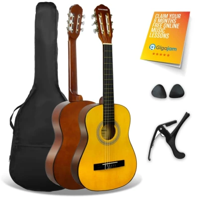 Image of 3rd Avenue XF 1/2 Size Junior Kids Classical Spanish Starter Beginner Pack Acoustic Guitar with Nylon Strings, Gig Bag, Capo and Picks Natural