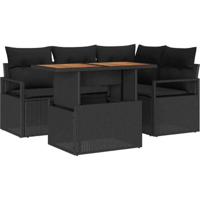 Image of vidaXL 5 Piece Garden Sofa Set with Cushions Black Poly Rattan Acacia