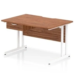 Image of Impulse 1200 x 800mm Scalloped Edge Straight Office Desk Walnut Top White Cantilever Leg Workstation 1 Drawer Fixed Pedestal