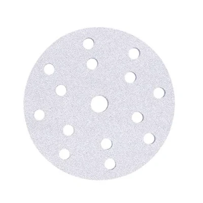 Image of Mirka Basecut White Hook and Loop It 150mm 6 Inch Sanding Discs Box 100 Abrasive P80 Grit Automotive Refinishing Sandpaper 15 Hole Vacuum Dust Extraction System