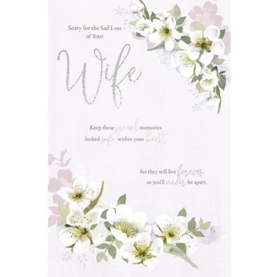 Image of Carte Blanche Loss of your Wife Sympathy Card White Blossom Flowers and Sentiment Verse with Foil Details Eco Friendly