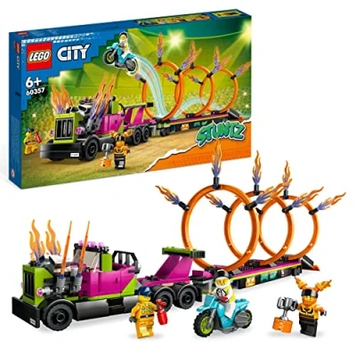 Image of LEGO 60357 City Stuntz Stunt Truck &amp; Ring of Fire Challenge with Flywheel Powered Motorbike Toy and Minifigures, Fun Gift for Kids Aged 6 Plus, 2023 Set
