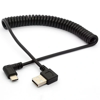 Image of OpenII Coiled USB Type C Cable, Angled to A 2.0 Extension Cord 90 Degree Adapter Lead 1.5meter