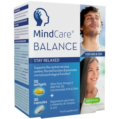 Image of MindCare Balance with Magnesium Glycinate, L Theanine, Omega 3 EPA DHA &amp; B Vitamins, Calming Supplement, 60 Capsules, by Igennus