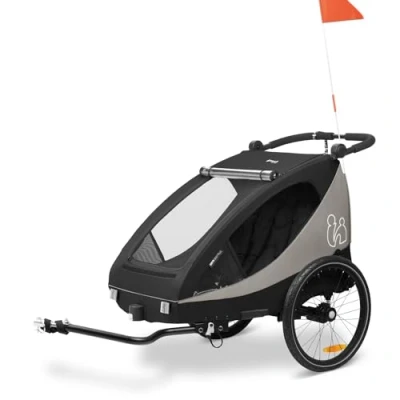 Image of hauck Dryk Duo Plus, Black 2in1 Kids Bike Trailer &amp; Pushchair with Suspension 2 Seats Folding Bicycle XL Storage, Tow Bar, Hitch, Pennant, Stroller Wheel LED Rear Light