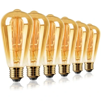 Image of Vanke E27 Vintage Bulb 60W, ST64 Dimmable Filament Bulb,Edison Screw Incandescent Bulbs, Warm White 2200K Yellow Light, 180 Lumen, Pack of 6