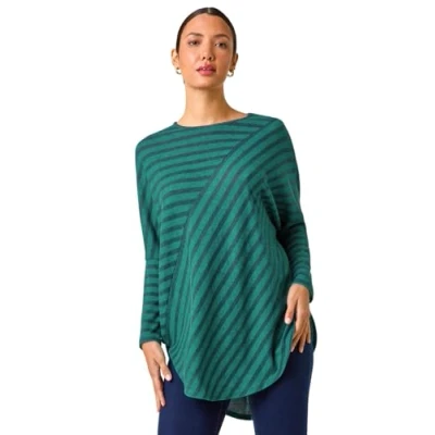 Image of Roman Originals Contrast Stripe Stretch Jersey Top for Women UK Ladies Everyday Autumn Winter Round Neckline Comfy Soft Evening Vacation Work Party Night Out Teal &amp; Blue Size 12