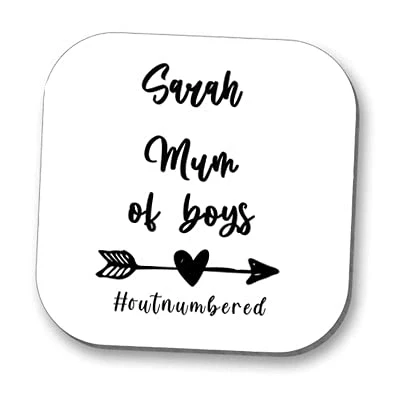 Image of Mum of Boys Outnumbered Personalised Glossy Coaster 10cm x Add a Name