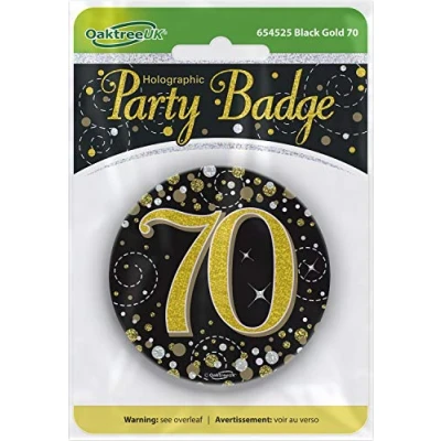 Image of OakTree 3&quot; Badge 70th Birthday Sparkling Fizz Black Gold Holographic