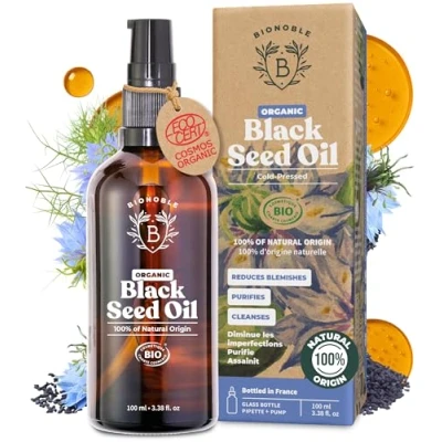 Image of Bionoble Pure Organic Black Seed Oil, Cold Pressed 100ml Glass bottle + Pipette Pump Cumin Oil for Hair Growth Anti Acne, Purifying Skin Care Nigella Sativa